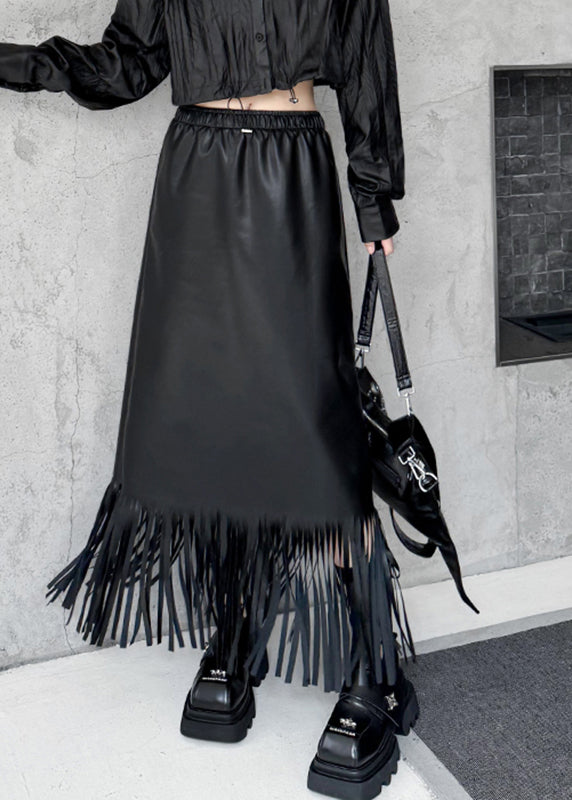 Original Design Black Pockets Patchwork Tassel Faux Leather Maxi Skirts Fall