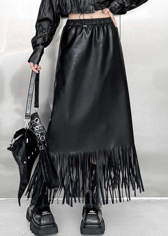 Original Design Black Pockets Patchwork Tassel Faux Leather Maxi Skirts Fall