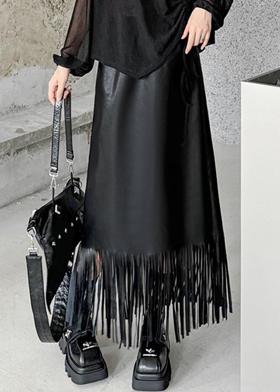 Original Design Black Pockets Patchwork Tassel Faux Leather Maxi Skirts Fall