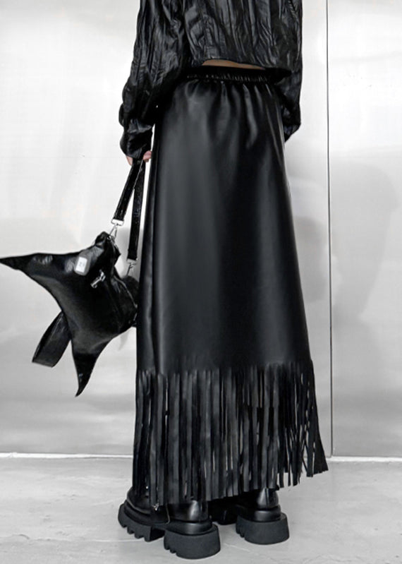 Original Design Black Pockets Patchwork Tassel Faux Leather Maxi Skirts Fall
