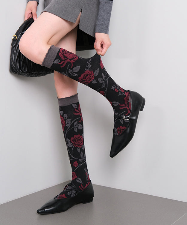 Original Design Black Rose Jacquard Cotton Over The Calf Socks