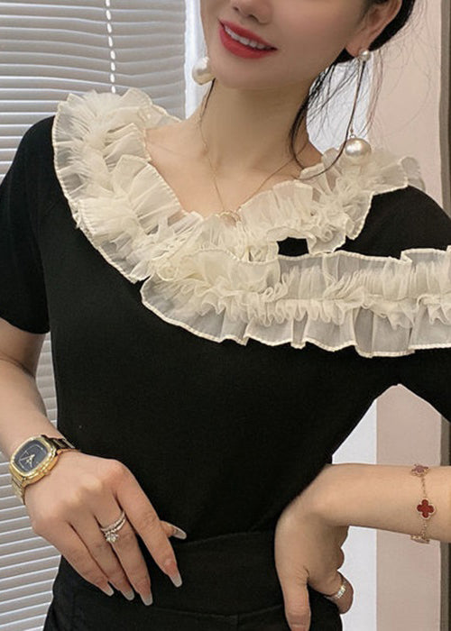 Original Design Black Ruffled Patchwork Cotton T Shirt Summer