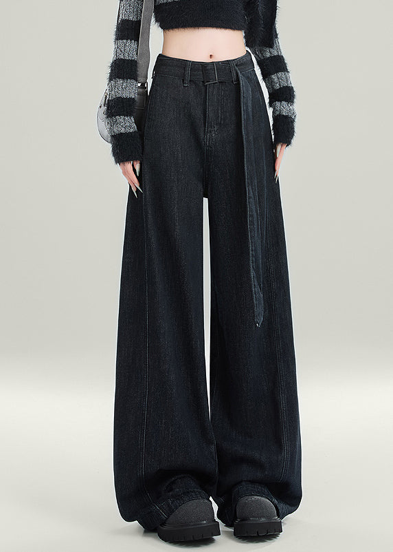 Original Design Black Sashes High Waist Warm Fleece Jeans