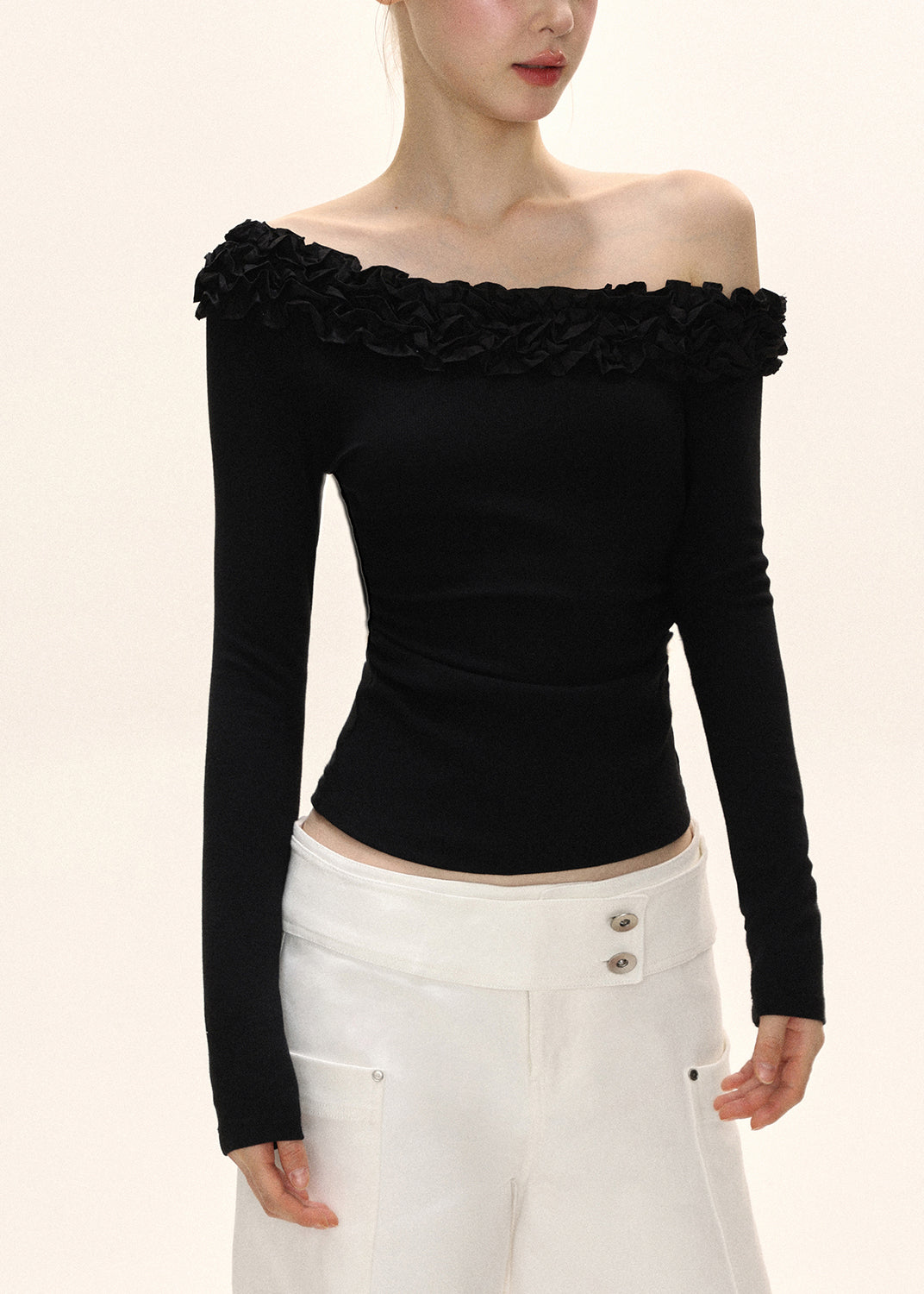 Original Design Black Slash Neck Wrinkled Patchwork Slim Top Fall