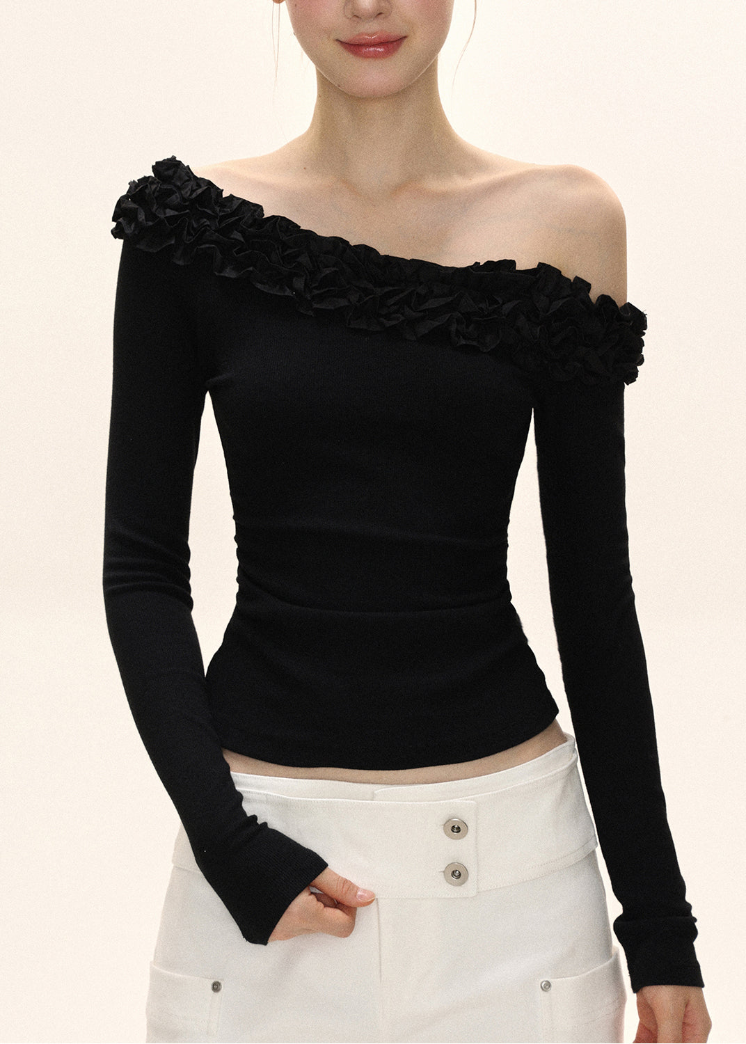 Original Design Black Slash Neck Wrinkled Patchwork Slim Top Fall