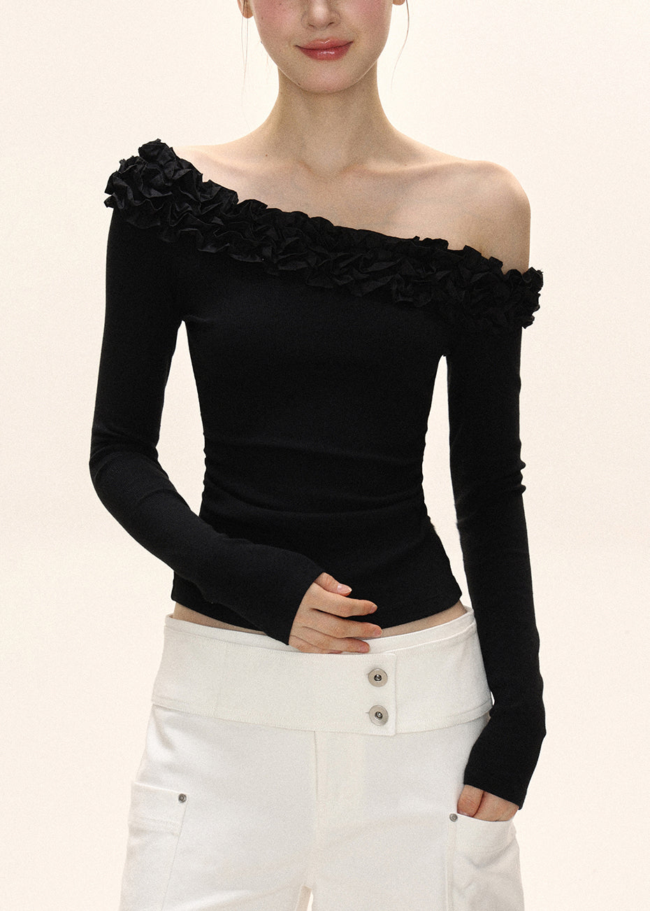 Original Design Black Slash Neck Wrinkled Patchwork Slim Top Fall