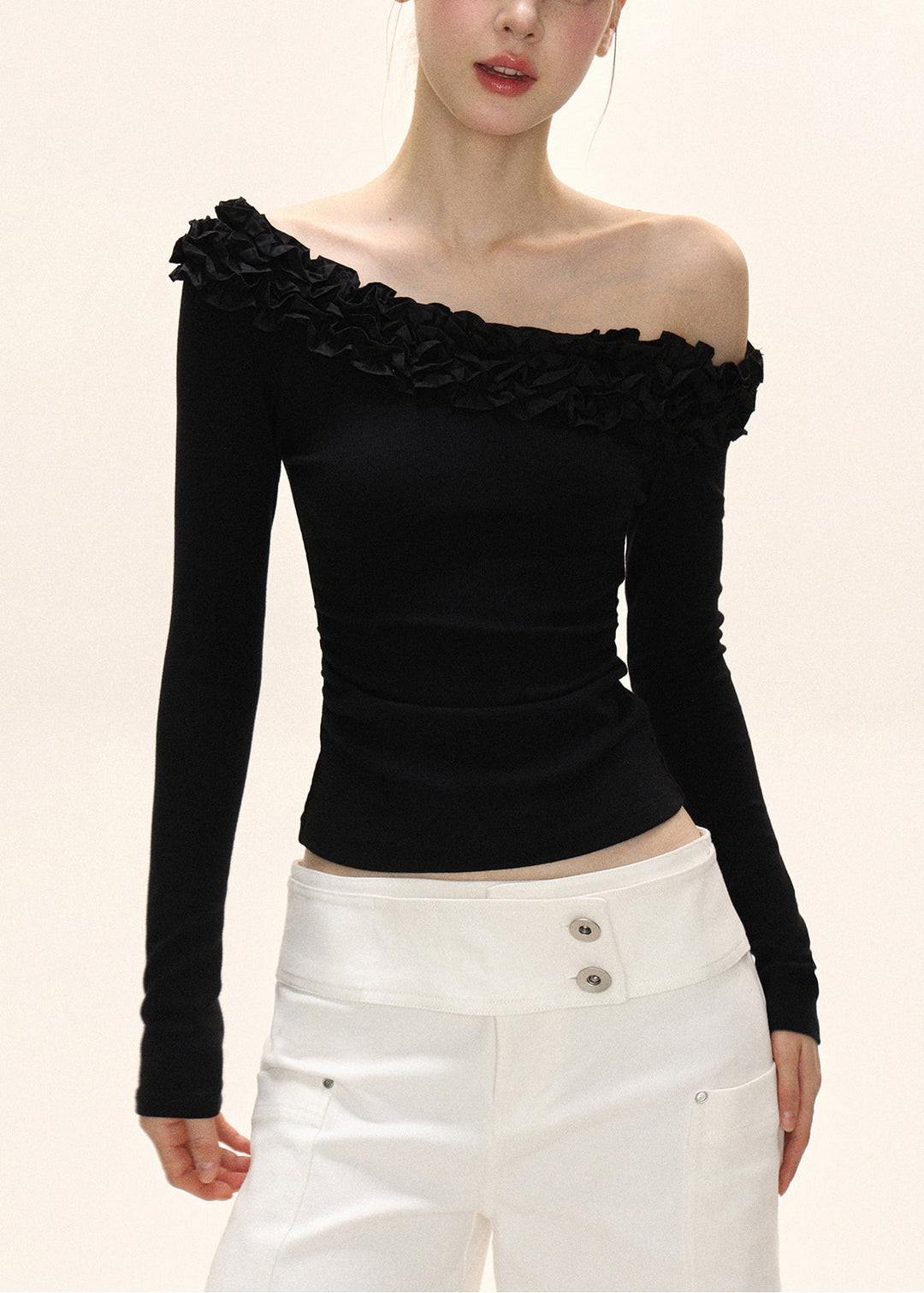 Original Design Black Slash Neck Wrinkled Patchwork Slim Top Fall