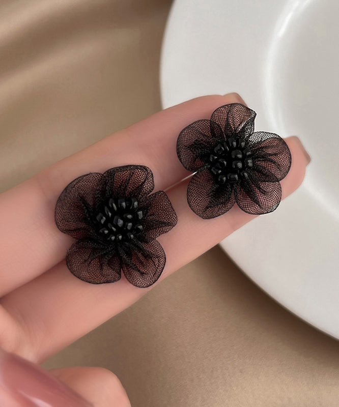 Original Design Black Tulle Floral Stud Earrings