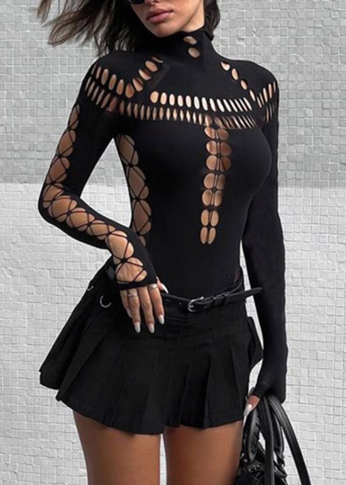Original Design Black Turtleneck Hollow Out Tulle Bodysuit