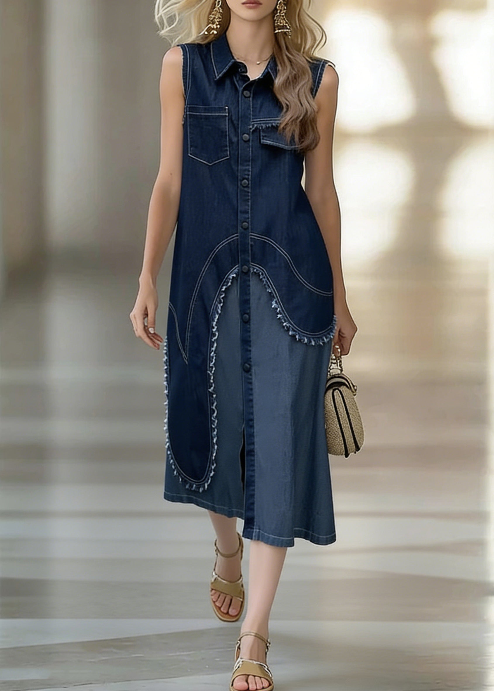 Original Design Blue Asymmetrical Patchwork Shirts Dress Sleeveless - Omychic