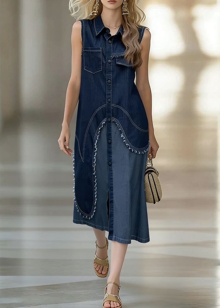 Original Design Blue Asymmetrical Patchwork Shirts Dress Sleeveless - Omychic