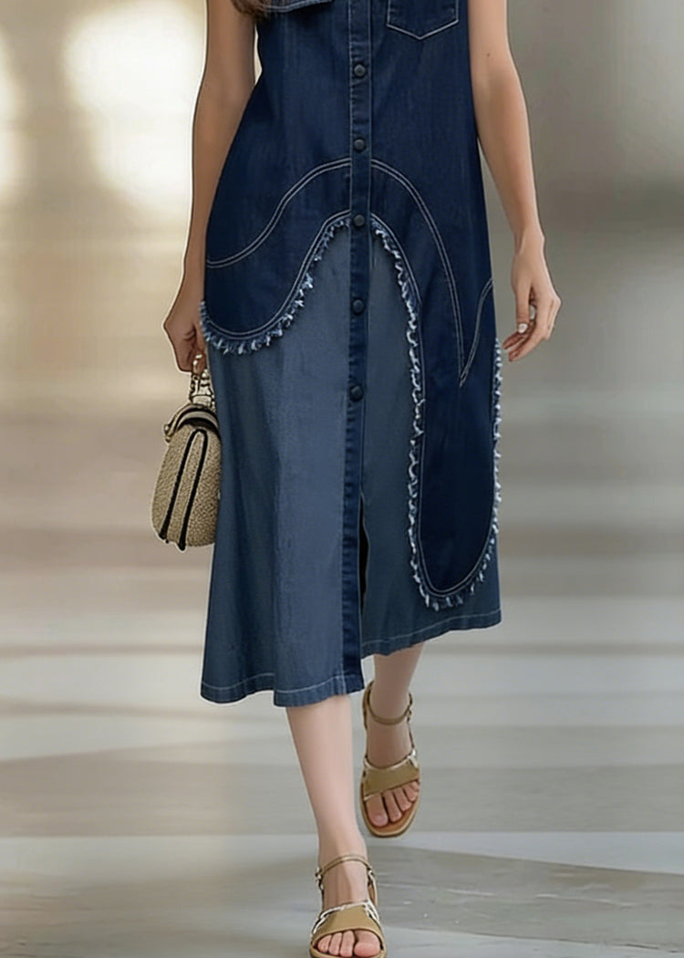 Original Design Blue Asymmetrical Patchwork Shirts Dress Sleeveless - Omychic