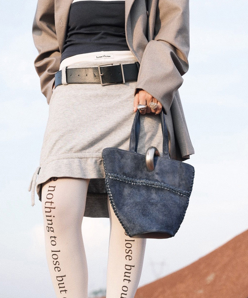 Original Design Blue Calf Leather Suede Bucket Bag