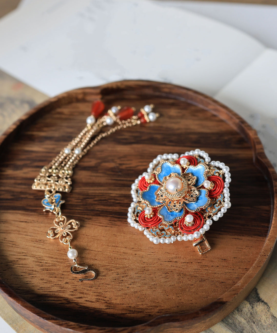 Original Design Blue Copper Overgild Shell Pearl Tassel Hairpin