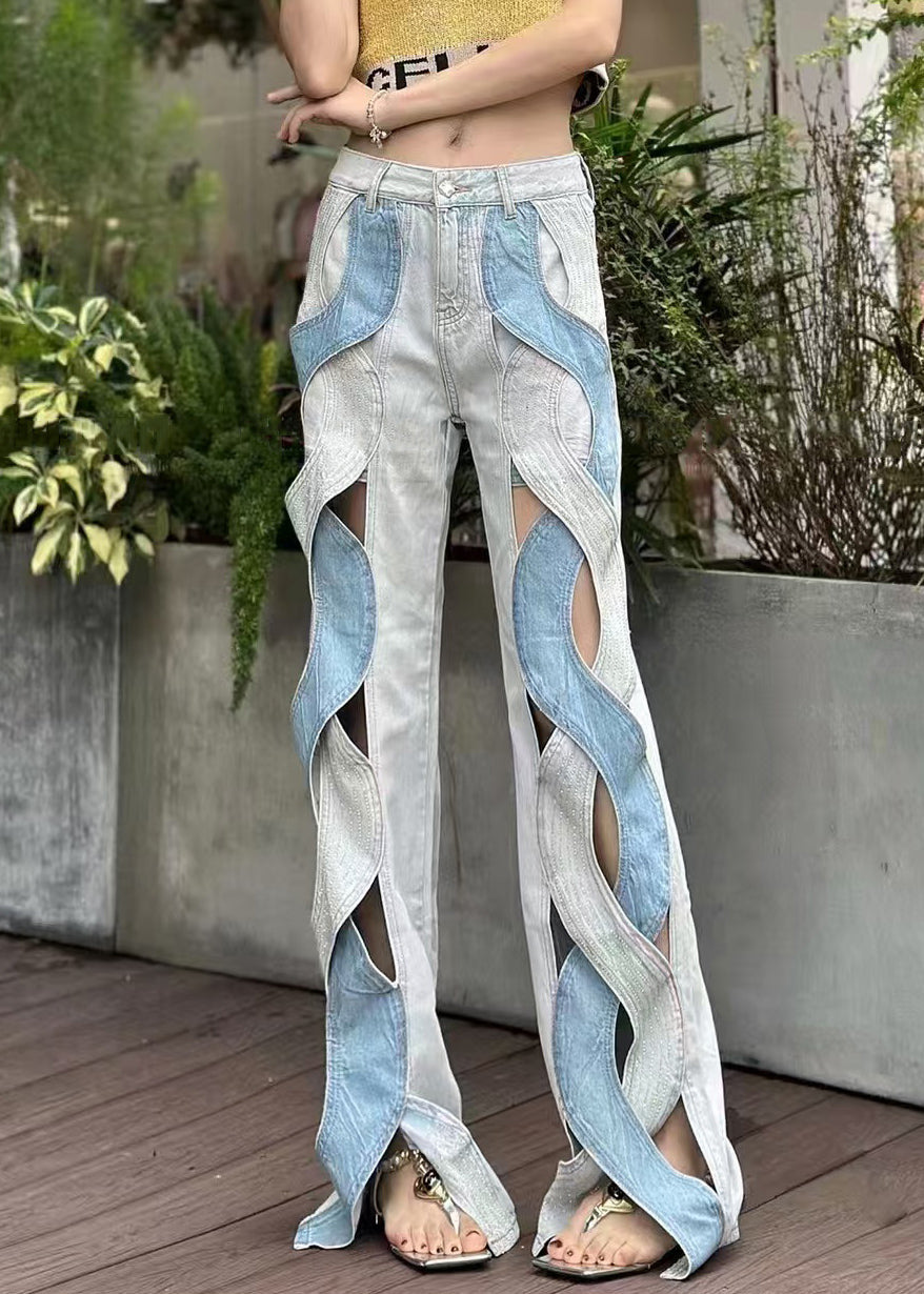 Original Design Blue Hollow Out High Waist Denim Pants Summer