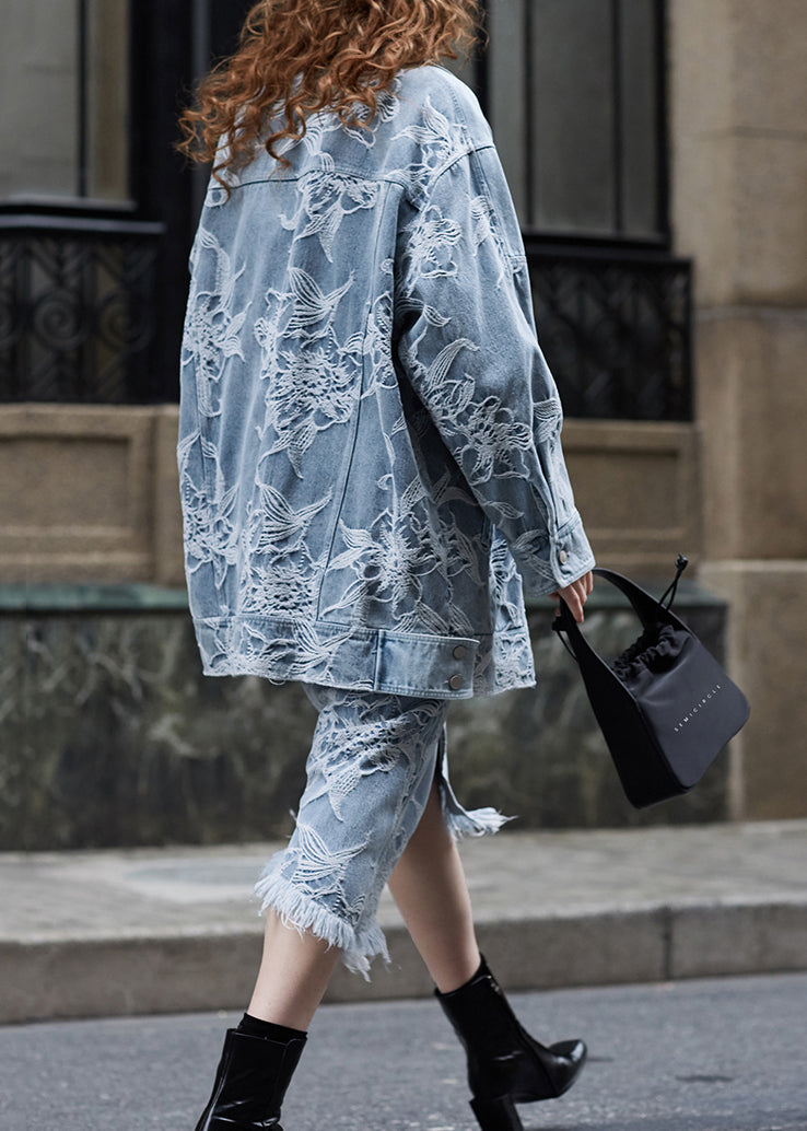 Original Design Blue Jacquard Denim Jacket And Skirts Two Pieces Set Fall