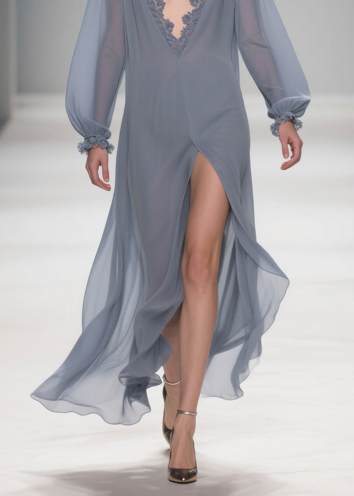 Original Design Blue Lace Side Open Solid Long Dress Lantern Sleeve