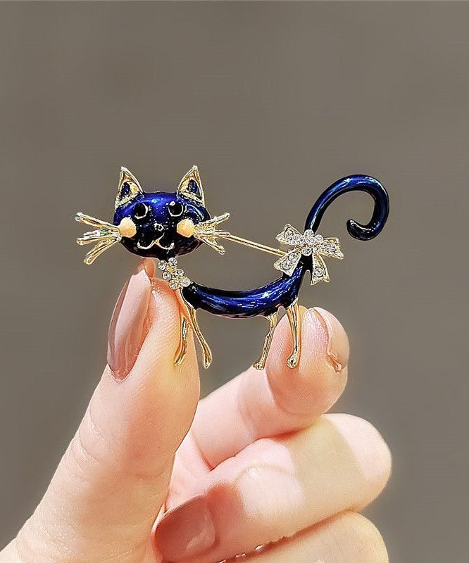 Original Design Blue Metal Zircon Drip Glaze Little Cats Brooches