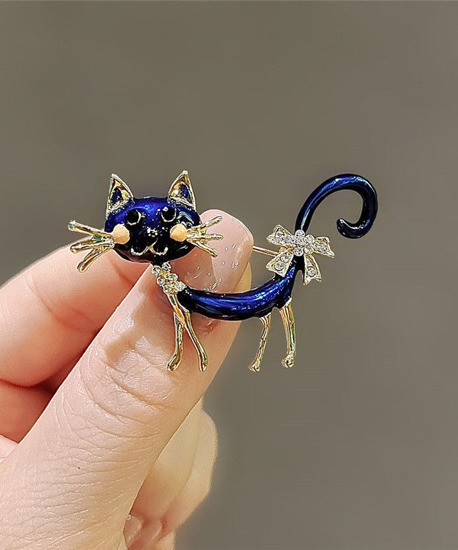 Original Design Blue Metal Zircon Drip Glaze Little Cats Brooches