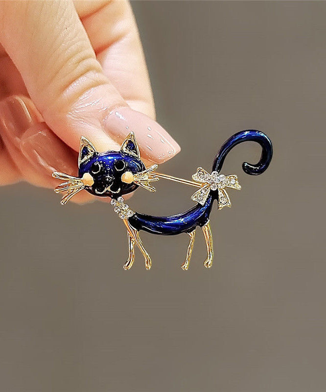 Original Design Blue Metal Zircon Drip Glaze Little Cats Brooches