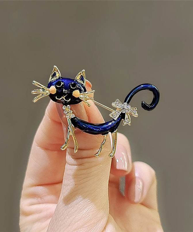 Original Design Blue Metal Zircon Drip Glaze Little Cats Brooches