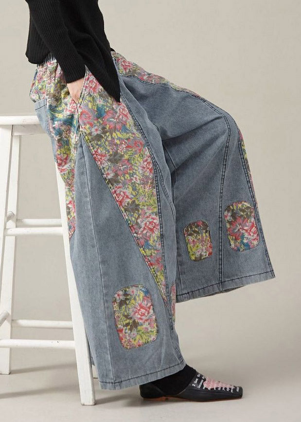 Original Design Blue Pockets Elastic Waist Print Patchwork Wide Leg Jeans