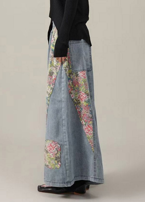 Original Design Blue Pockets Elastic Waist Print Patchwork Wide Leg Jeans