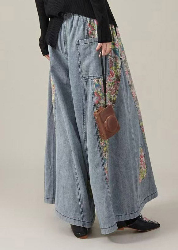 Original Design Blue Pockets Elastic Waist Print Patchwork Wide Leg Jeans