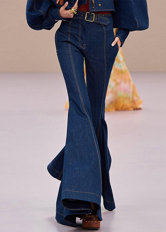 Original Design Blue Pockets High Waist Denim Flared Trousers Fall