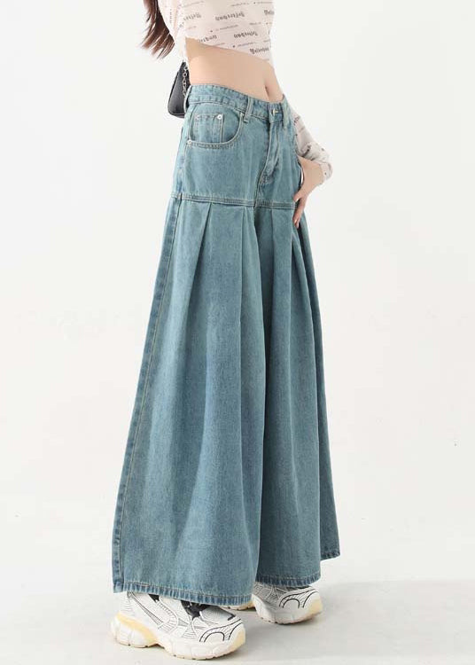 Original Design Blue Pockets Wrinkled Patchwork Denim Pants Skirt Spring