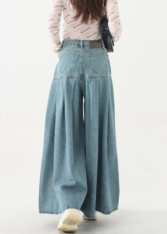 Original Design Blue Pockets Wrinkled Patchwork Denim Pants Skirt Spring