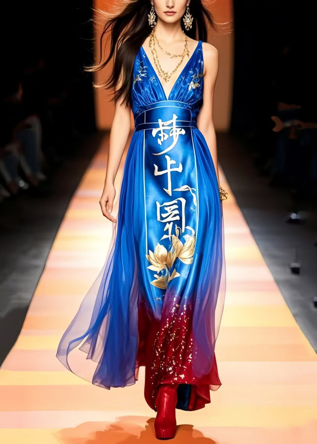 Original Design Blue Print Chiffon Vestidos Dress Summer