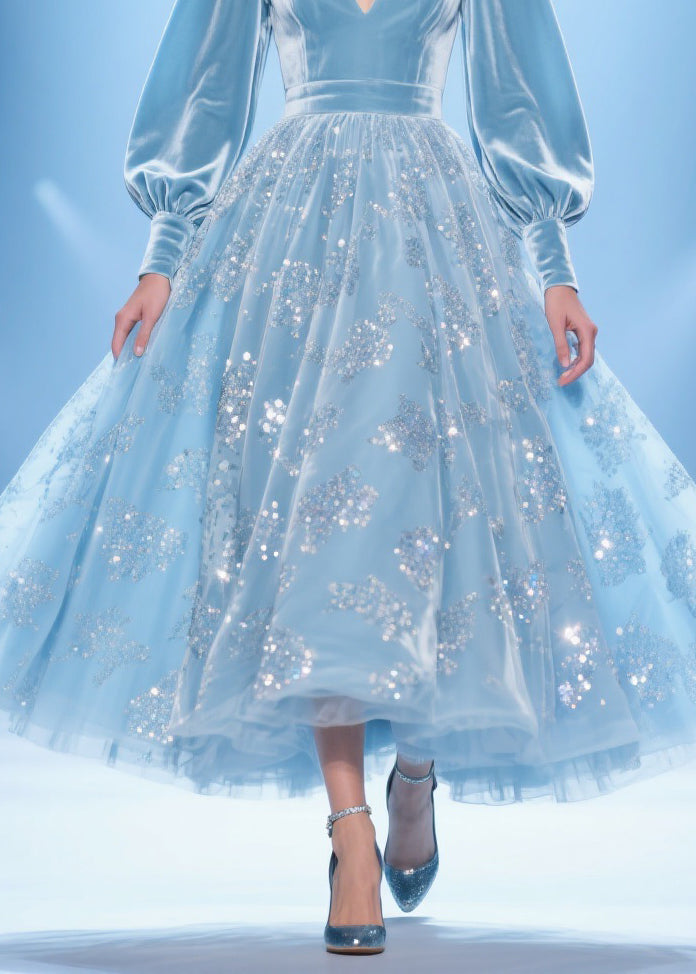 Original Design Blue Print Patchwork Silk Velvet Party Dress Spring