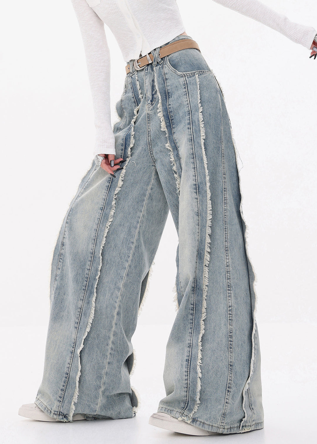 Original Design Blue Raw Edge High Waist Denim Pants Fall