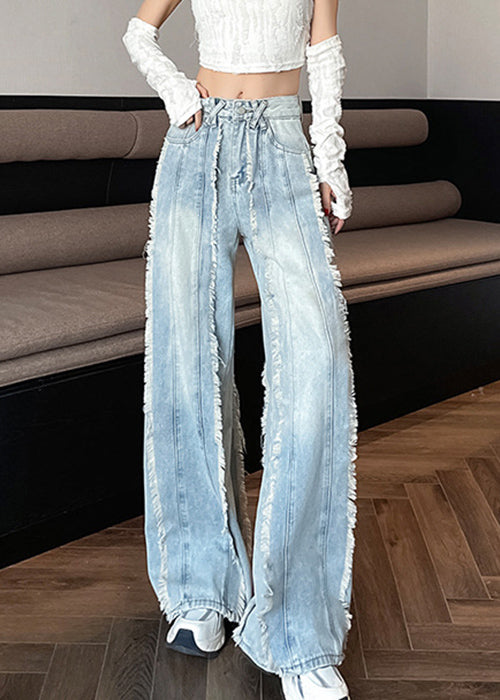 Original Design Blue Raw Edge Pockets High Waist Denim Pants Fall