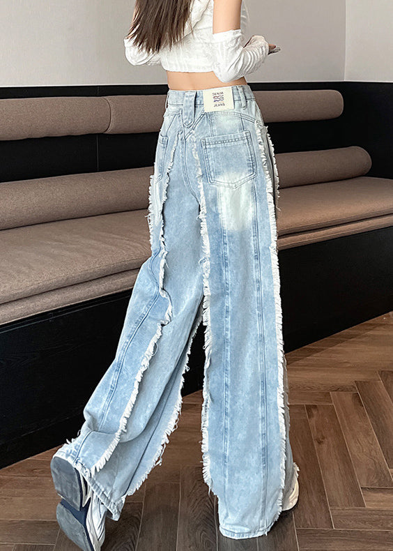 Original Design Blue Raw Edge Pockets High Waist Denim Pants Fall