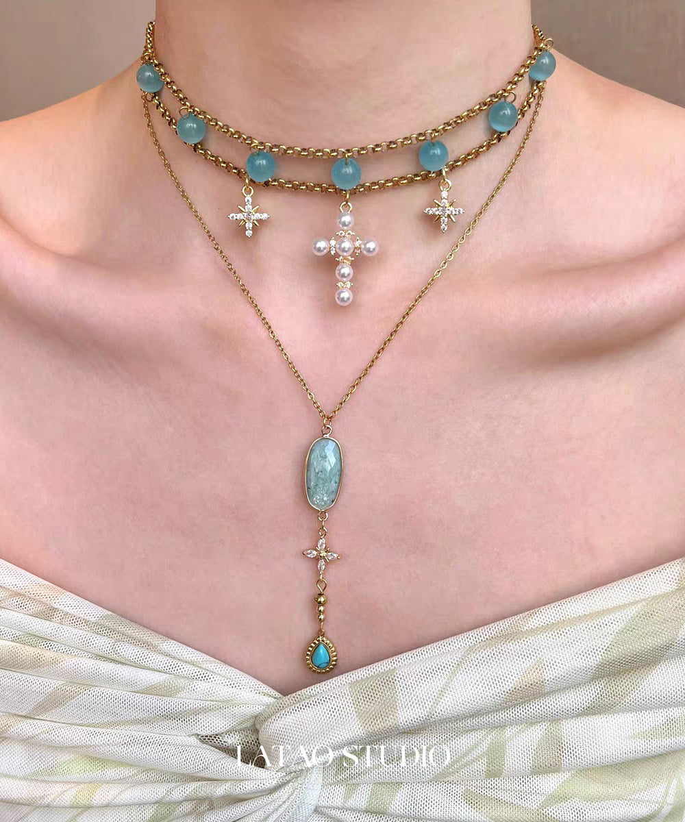 Original Design Blue Stainless Steel Cat's Eye Star Cross Pendant Necklace