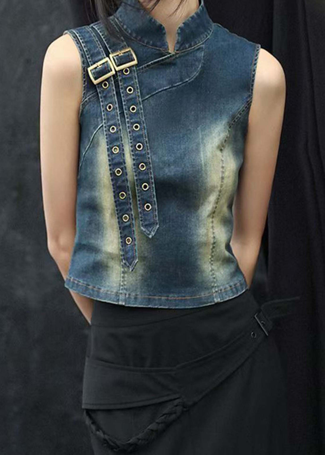 Original Design Blue Stand Collar High Waist Denim Waistcoat Sleeveless