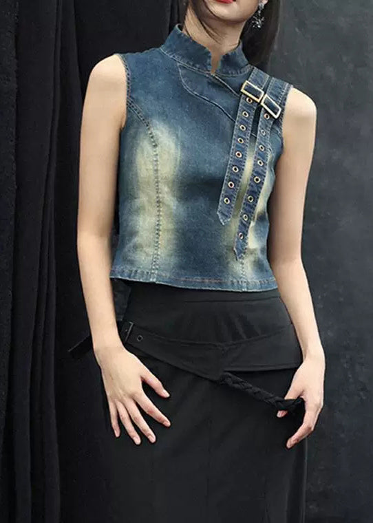 Original Design Blue Stand Collar High Waist Denim Waistcoat Sleeveless