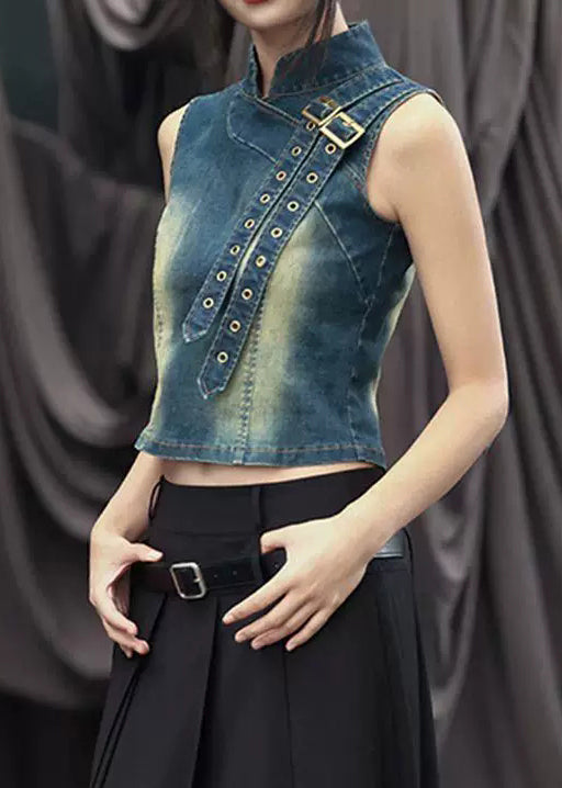 Original Design Blue Stand Collar High Waist Denim Waistcoat Sleeveless