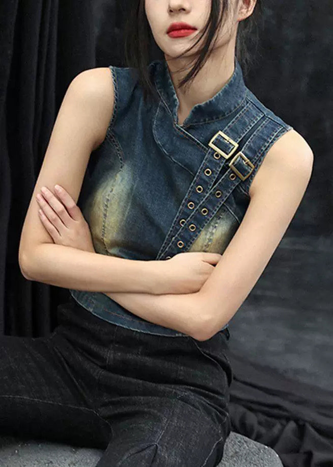 Original Design Blue Stand Collar High Waist Denim Waistcoat Sleeveless