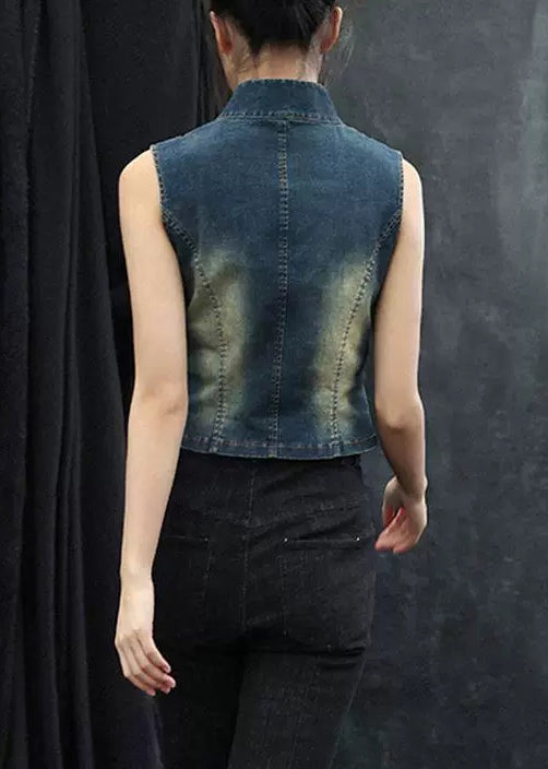 Original Design Blue Stand Collar High Waist Denim Waistcoat Sleeveless