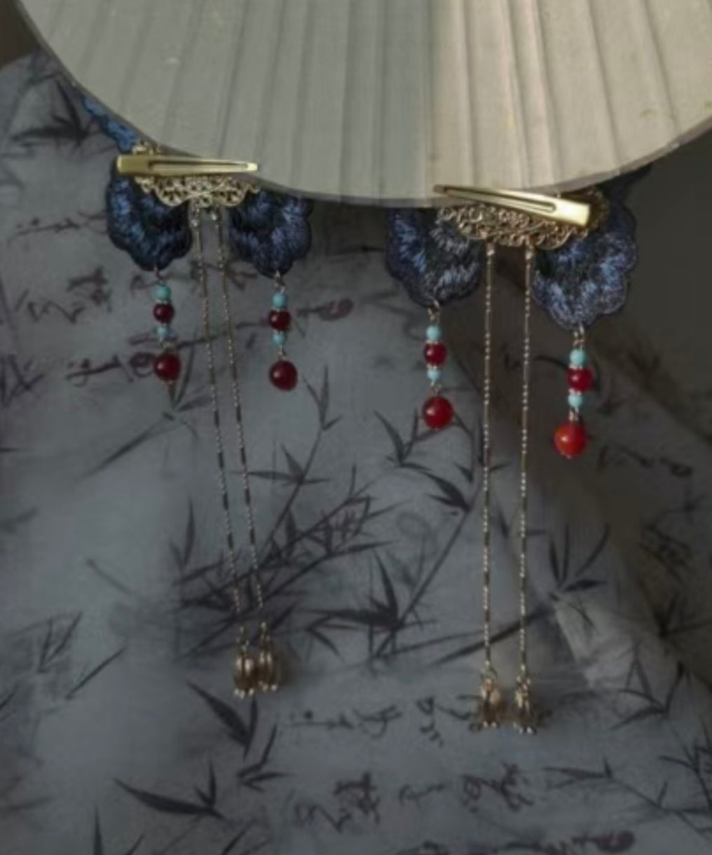 Original Design Blue Sterling Silver Overgild Embroidery Butterfly Tassel Hairpin