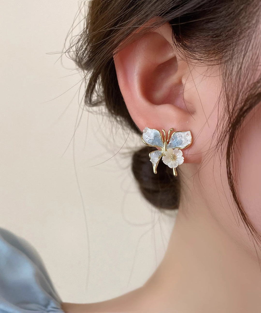 Original Design Blue Sterling Silver Overgild Shell Floral Butterfly Stud Earrings