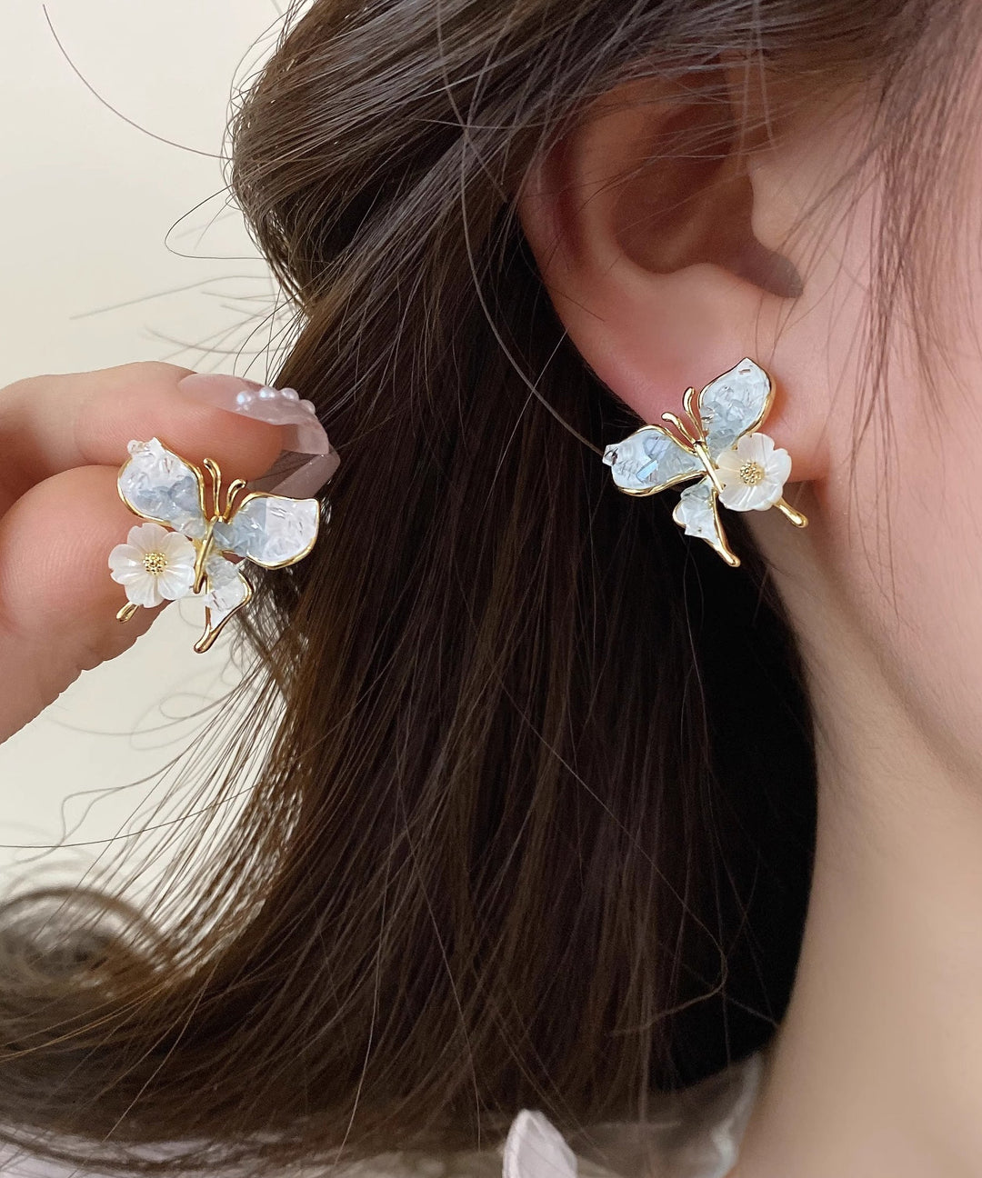 Original Design Blue Sterling Silver Overgild Shell Floral Butterfly Stud Earrings