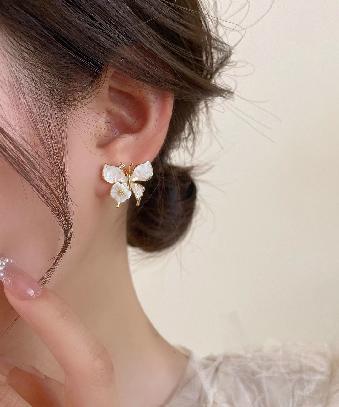 Original Design Blue Sterling Silver Overgild Shell Floral Butterfly Stud Earrings