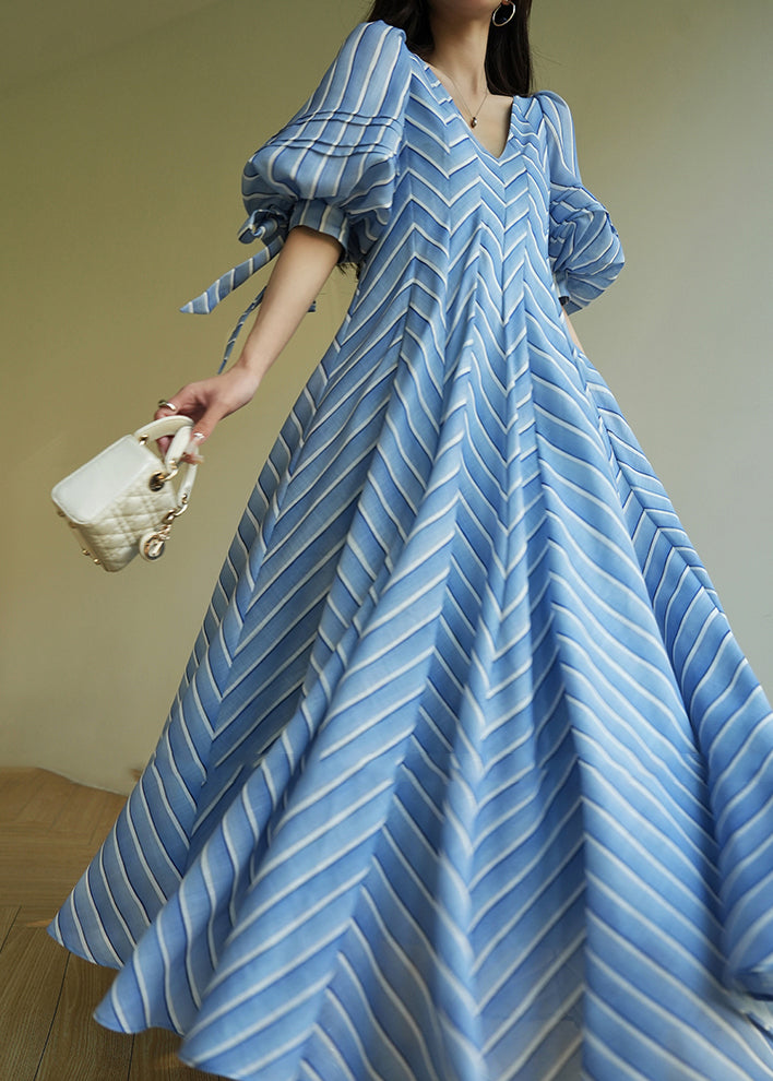 Original Design Blue V Neck Striped Long Dresses Short Sleeve