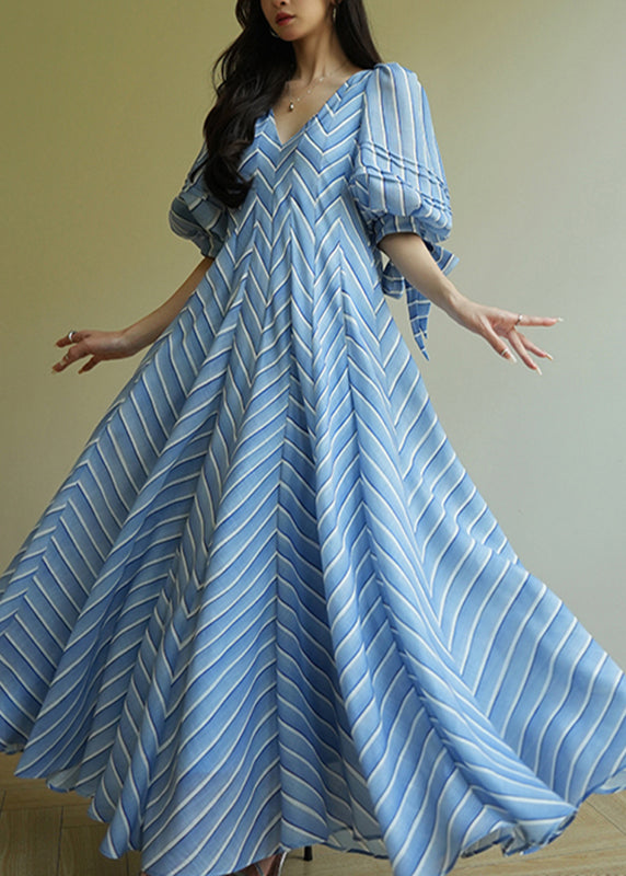Original Design Blue V Neck Striped Long Dresses Short Sleeve