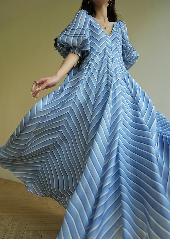 Original Design Blue V Neck Striped Long Dresses Short Sleeve
