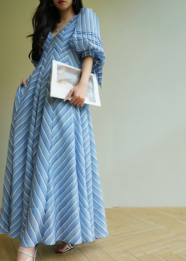 Original Design Blue V Neck Striped Long Dresses Short Sleeve